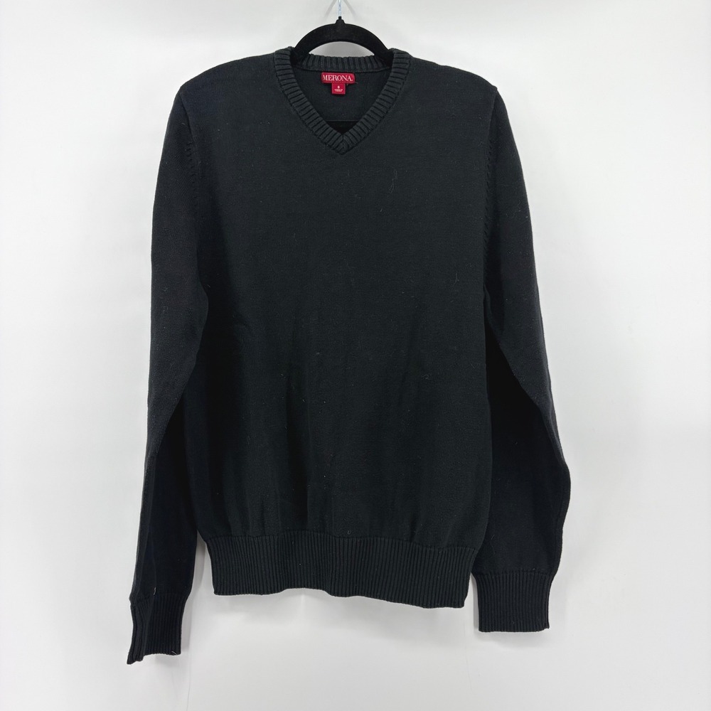 Merona Mens Black V-Neck 100% Cotton Knit Sweater RN17730 Size S